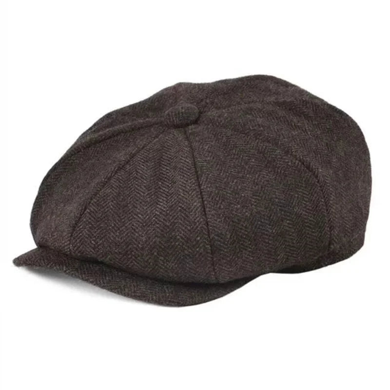 Vintage Wool Tweed Navy Blue Herringbone Newsboy Cap Unisex 8-Quarter Panelstyle Flat Caps Women