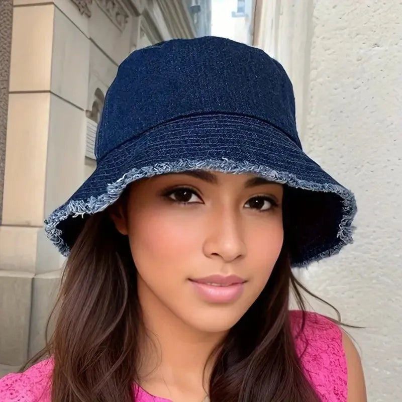 Durable Unisex Denim Bucket Hat - Frayed Brim, Cotton Basin, Foldable, Casual Fisherman Cap Style for Women and Men, Trendy