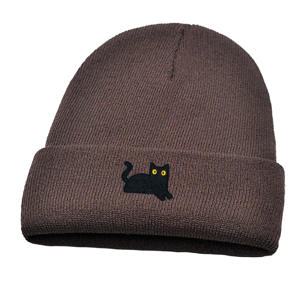 Stretchy Lightweight Knit Beanies Embroidered Black Cat Hat Women Men Winter Warm Hip-Hop Cold