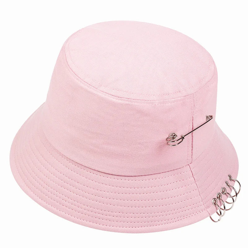 Solid Color Iron Pin Rings Personality Bucket Hat Cap Unisex Women Men Cotton Fishermen Caps