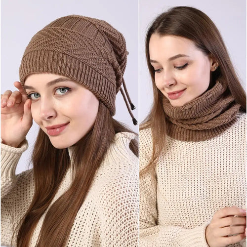 Women Stretchy Knitted Skullies Beanies Hat Solid Snood Scarf Warm Beanie Womem Autumn Winter Female