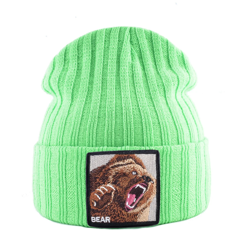 Embroidery Bear Knitted Beanies Hat Men Solid Color Autumn Winter Knitting Boy Skullies Caps Women Streetwear Kpop Gorras Bonnet