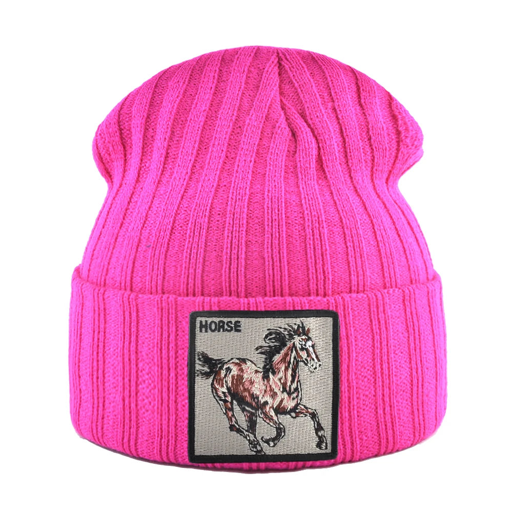 New Skullies Beanies With Horse Embroidery Patch Knitted Solid Color Hats For Men Women Outdoor Streetwear Bonnet Cap Boys Hat