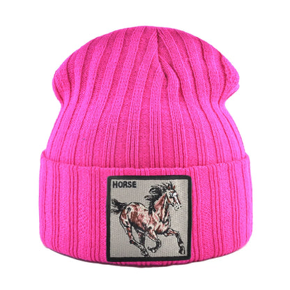 New Skullies Beanies With Horse Embroidery Patch Knitted Solid Color Hats For Men Women Outdoor Streetwear Bonnet Cap Boys Hat