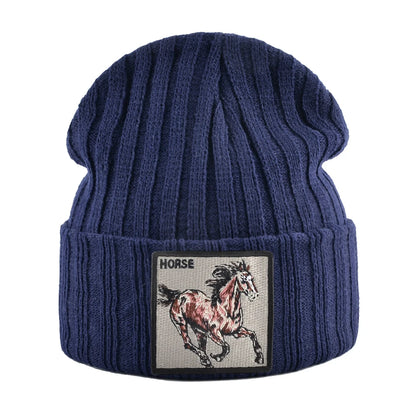 New Skullies Beanies With Horse Embroidery Patch Knitted Solid Color Hats For Men Women Outdoor Streetwear Bonnet Cap Boys Hat