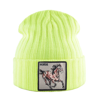 New Skullies Beanies With Horse Embroidery Patch Knitted Solid Color Hats For Men Women Outdoor Streetwear Bonnet Cap Boys Hat