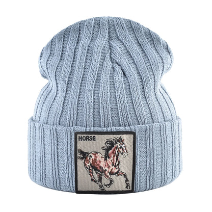 New Skullies Beanies With Horse Embroidery Patch Knitted Solid Color Hats For Men Women Outdoor Streetwear Bonnet Cap Boys Hat