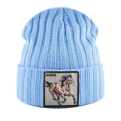 New Skullies Beanies With Horse Embroidery Patch Knitted Solid Color Hats For Men Women Outdoor Streetwear Bonnet Cap Boys Hat