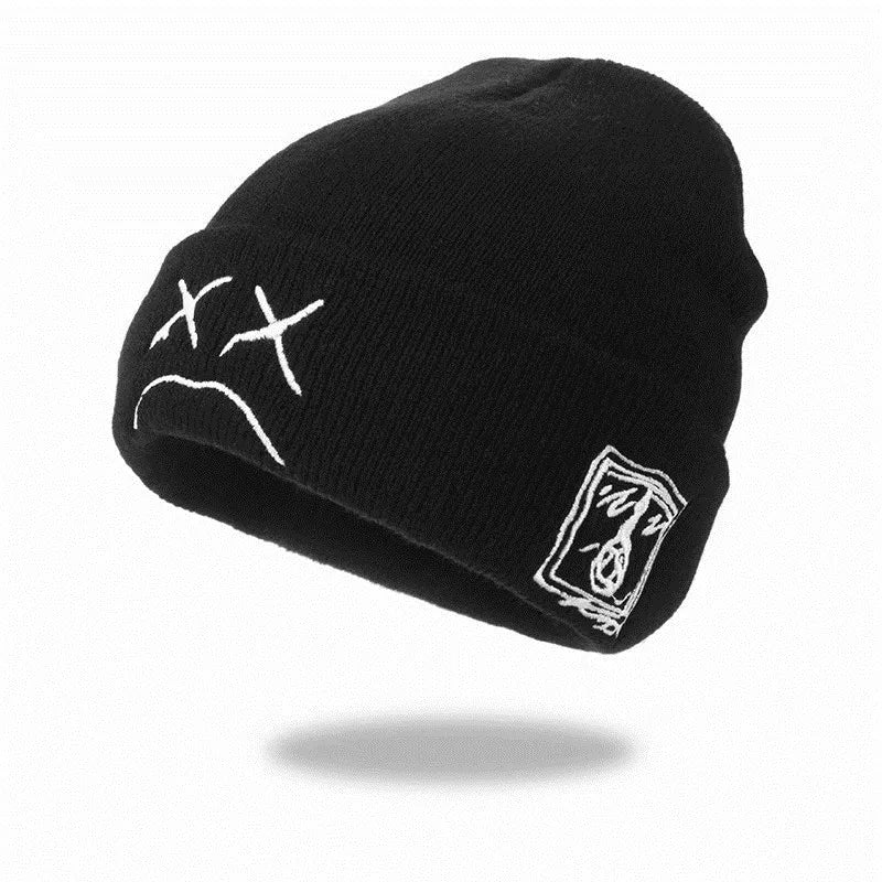 Women Men Warm Acrylic Beanie Hat Cap Autumn Winter Lady Sad Expression Boy Girl Knitted