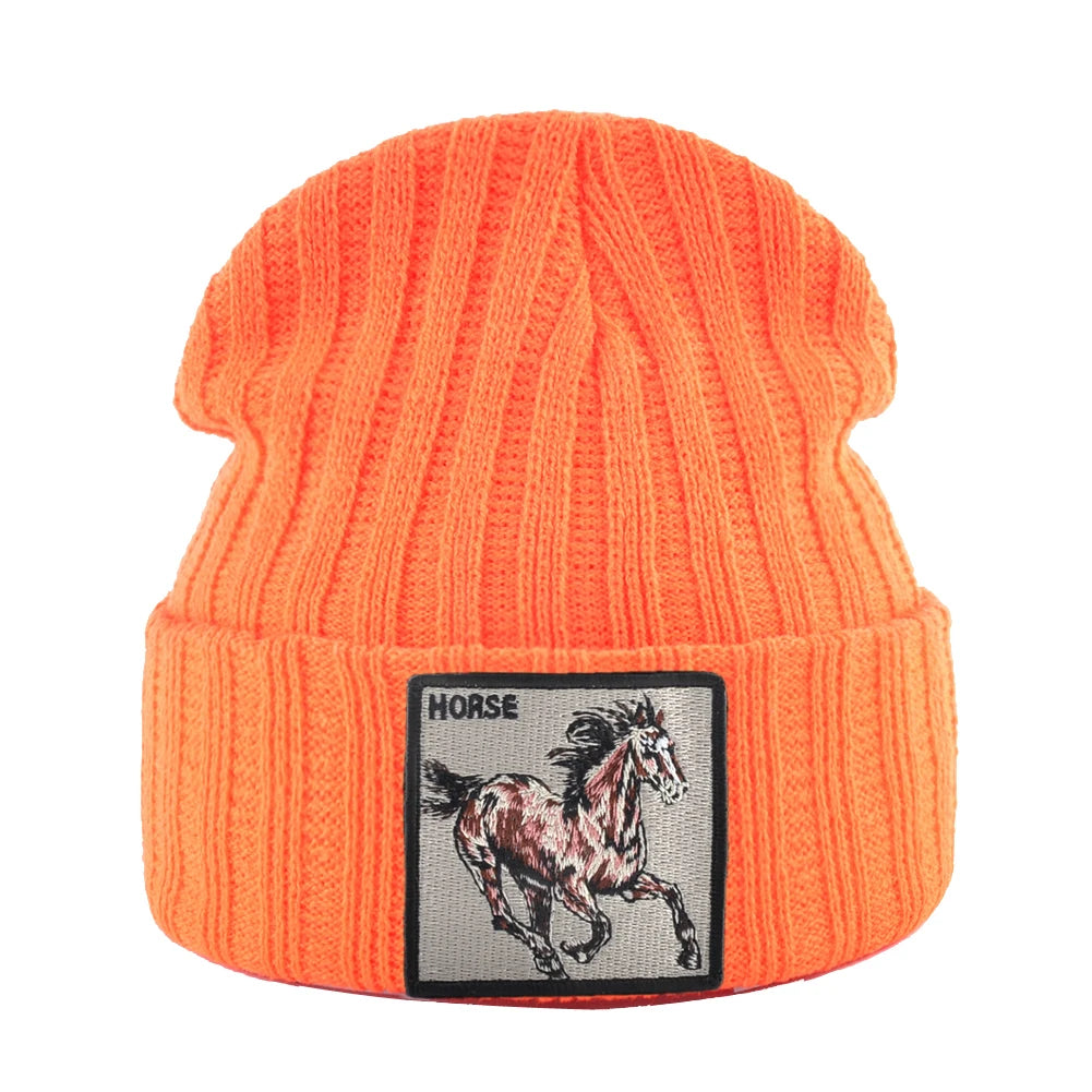 New Skullies Beanies With Horse Embroidery Patch Knitted Solid Color Hats For Men Women Outdoor Streetwear Bonnet Cap Boys Hat