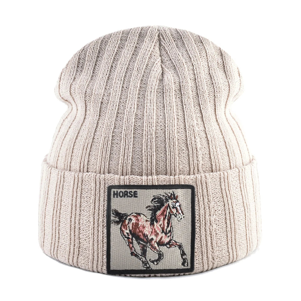 New Skullies Beanies With Horse Embroidery Patch Knitted Solid Color Hats For Men Women Outdoor Streetwear Bonnet Cap Boys Hat