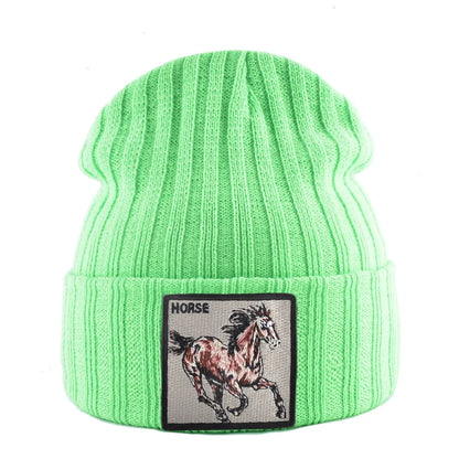 New Skullies Beanies With Horse Embroidery Patch Knitted Solid Color Hats For Men Women Outdoor Streetwear Bonnet Cap Boys Hat