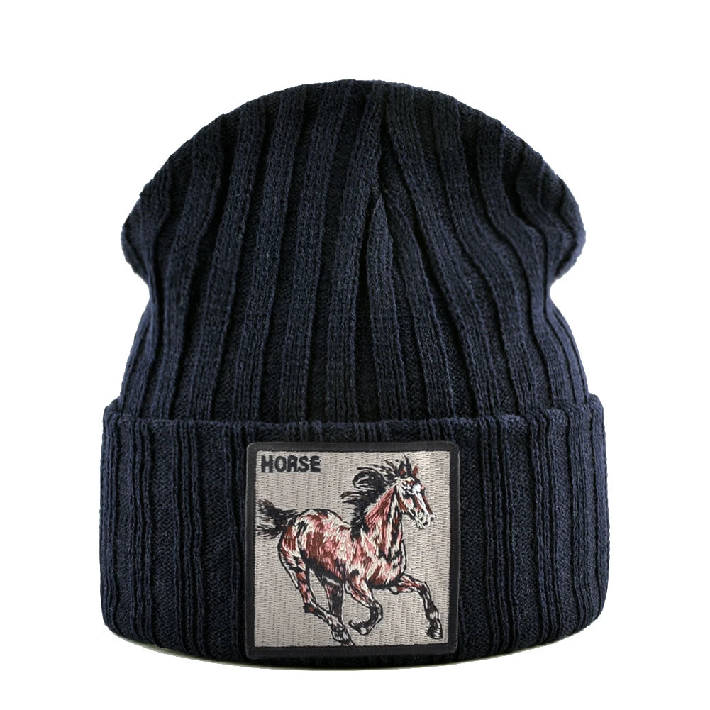 New Skullies Beanies With Horse Embroidery Patch Knitted Solid Color Hats For Men Women Outdoor Streetwear Bonnet Cap Boys Hat