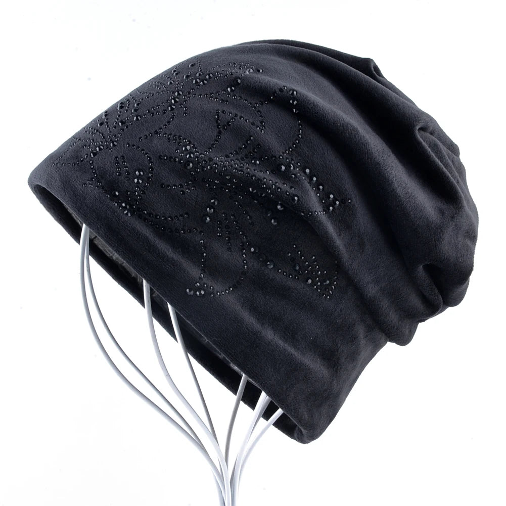 Women's Winter Double-Layer Flannel Knitted Beanie And Scarf Set Diamond Daffodil Pattern Hat Warm Windproof Cold Weather Bonnet