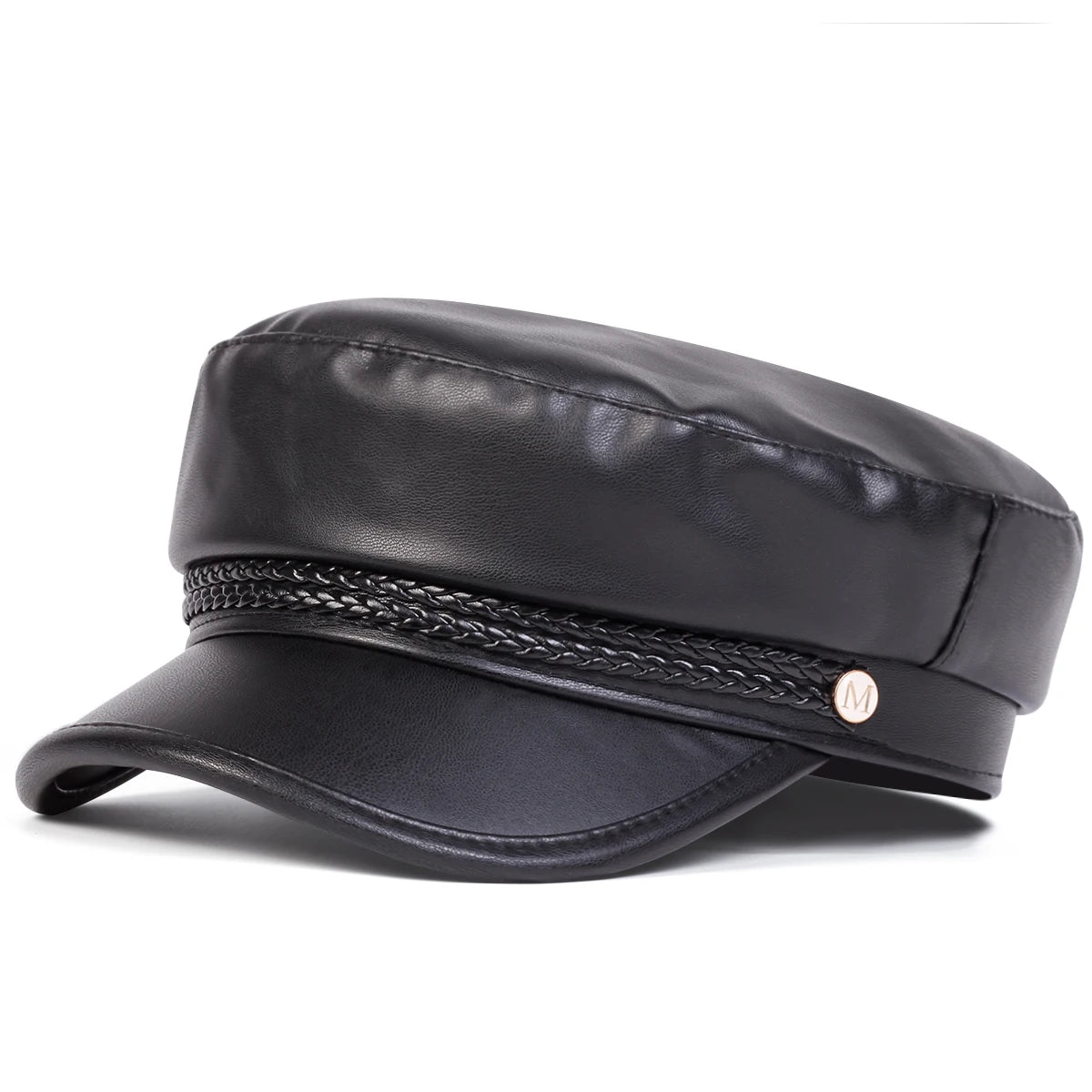 Women Large Belt Buckle Leather Hat Spring Autumn Sailor Hats Black Ladies Beret Caps Men Flat Top