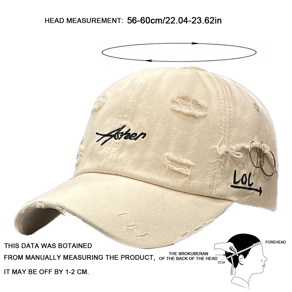 Unisex Asher Embroidered Perforated Iron Ring Baseball Caps Spring Autumn Outdoor Adjustable Casual