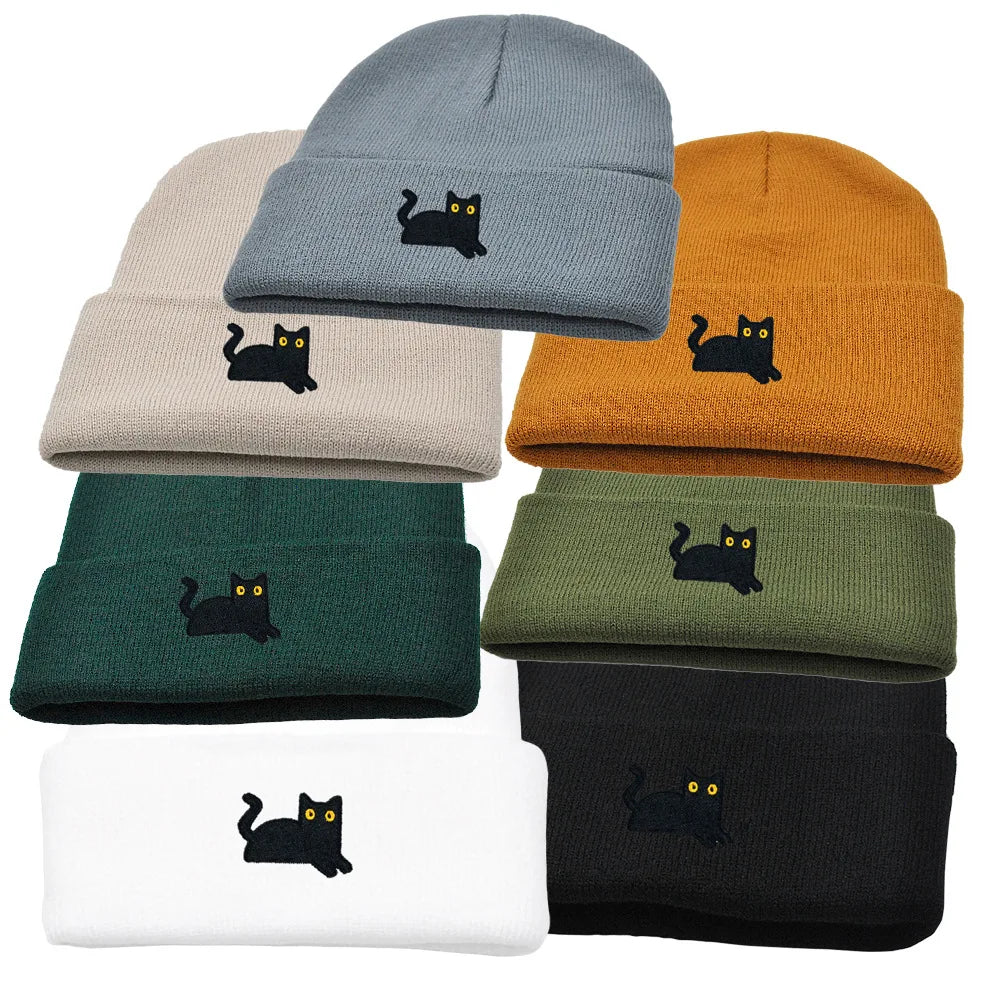 Stretchy Lightweight Knit Beanies Embroidered Black Cat Hat Women Men Winter Warm Hip-Hop Cold