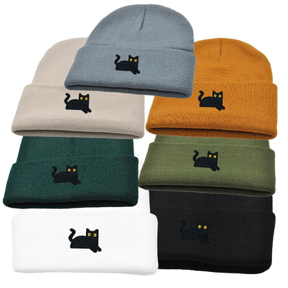 Stretchy Lightweight Knit Beanies Embroidered Black Cat Hat Women Men Winter Warm Hip-Hop Cold