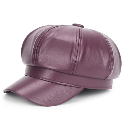 Women Pu Leather Berets Cap Hat Black Red Outdoor Adjustable Female Autumn Winter Casual Lady