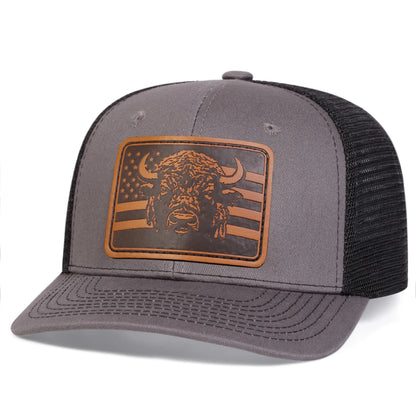 Unisex Brown Flag Bull Head Leather Label Baseball Net Caps Spring Summer Outdoor Adjustable Casual