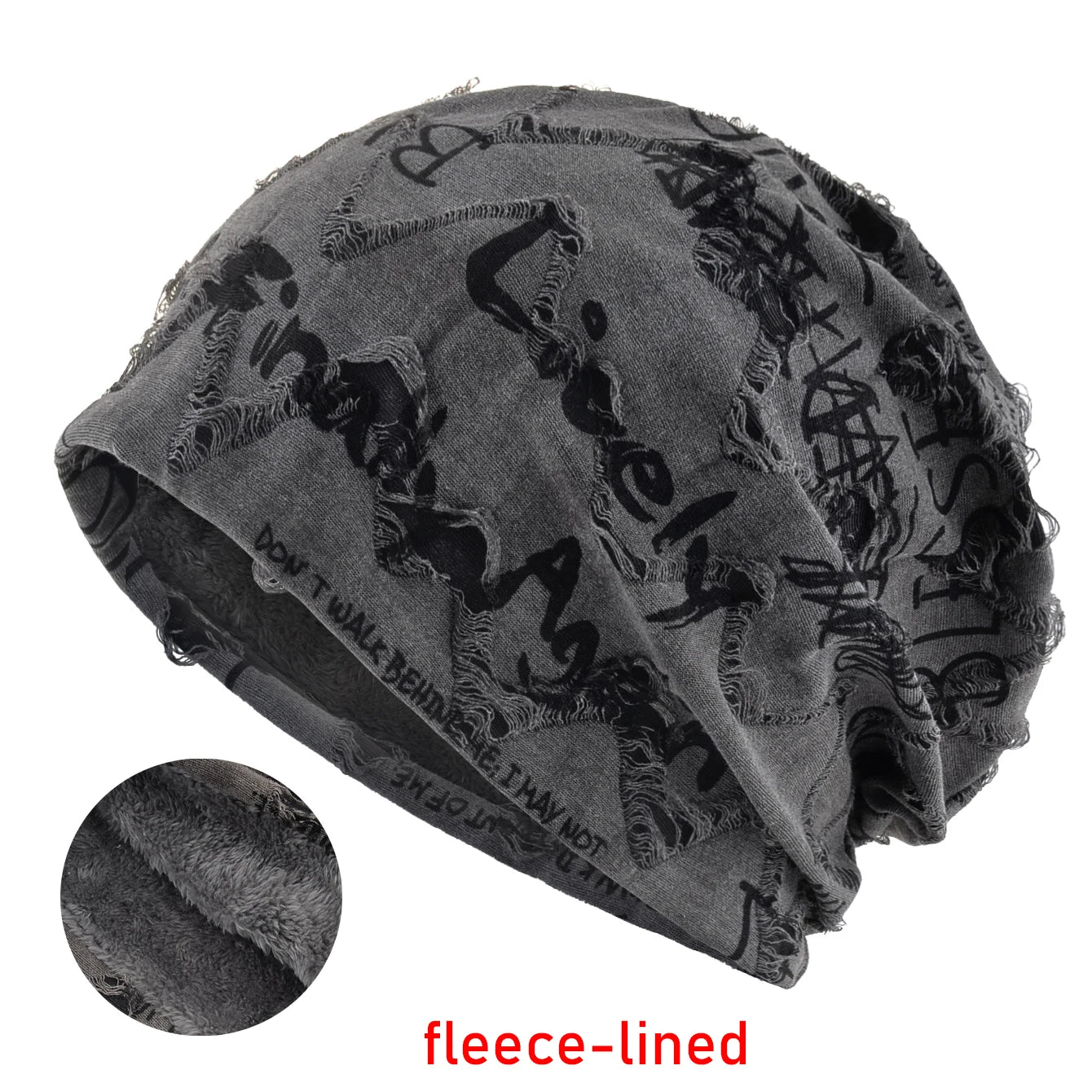 Letter Print Beanie Hat For Women Men Vintage Distressed Cracked Design Wasteland Style Warm Fleece-lined Skullis Beanie Winter