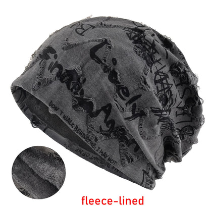 Letter Print Beanie Hats For Women Men Vintage Distressed Cracked Design Wasteland Style Spring Summer Warm Fleece-lined Winter