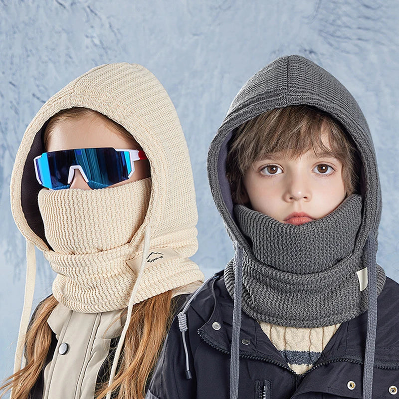 Winter Child Balaclava Hat Boy Girl Fleece-Lined Bonnets Windproof Mask Knitted Beanies Cap Scarf