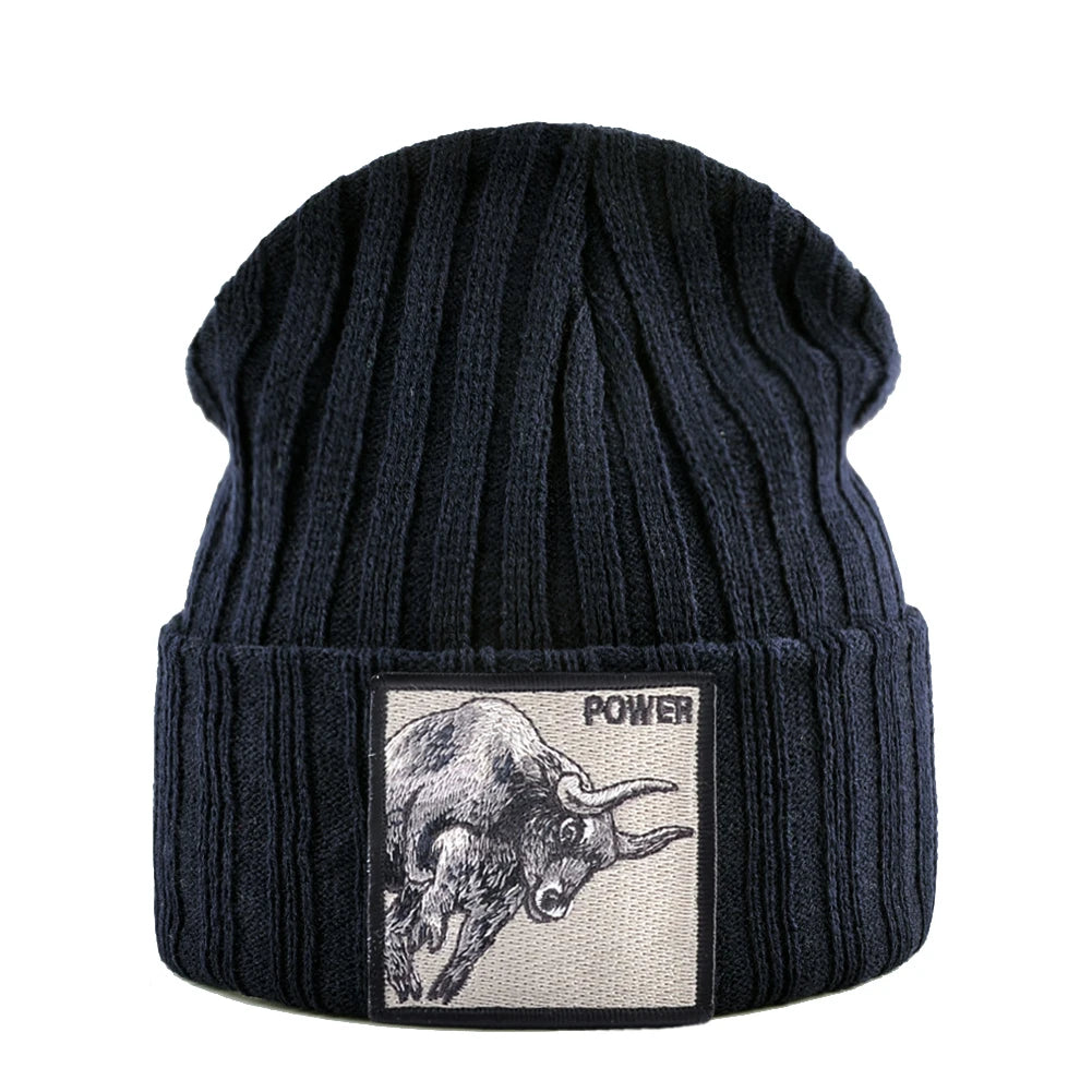 Unisex Black Beanie Hat With Animals Embroidery Patch Knitted Skull Cap For Men Women For Autumn Winter Streetwear Bonnet Hats