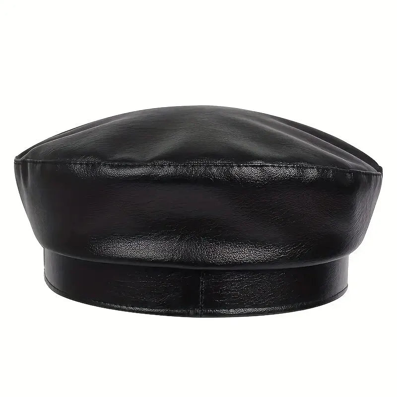 Women Large Belt Buckle Leather Hat Spring Autumn Sailor Hats Black Ladies Beret Caps Men Flat Top