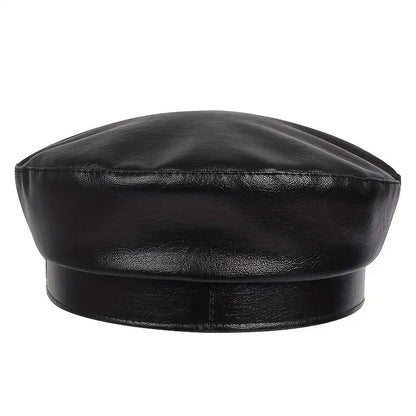 Women Large Belt Buckle Leather Hat Spring Autumn Sailor Hats Black Ladies Beret Caps Men Flat Top