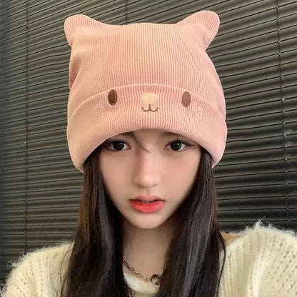 Women Autumn Winter Cute Cap Hat Female Cartoon Bear Ears Lady Girl Kawaii Knitted Crochet Beanies