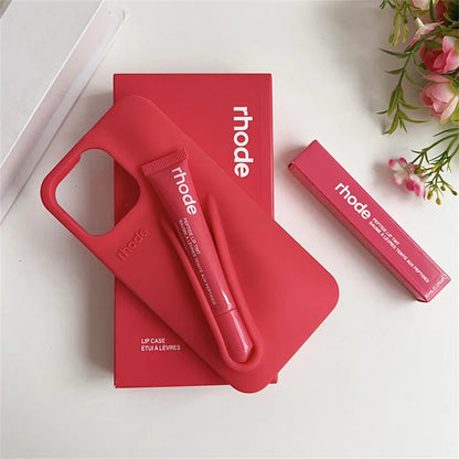 RHODE Lip Gloss Phone Case Set for iPhone 11–17 – Silicone Makeup Case with Box