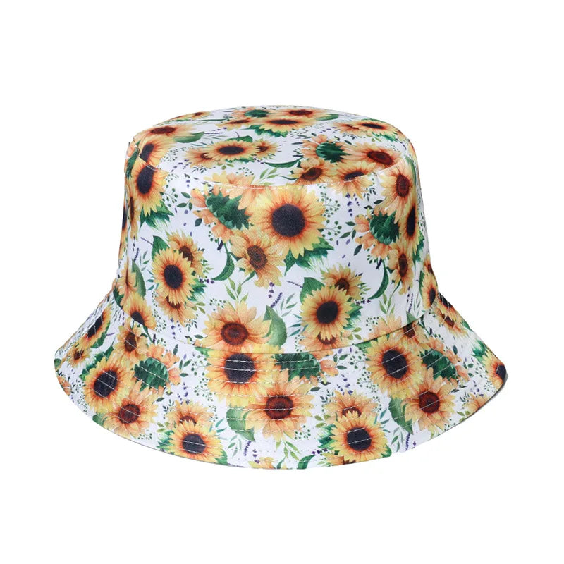 Women Sunflower Print Cotton Bucket Hats Spring Summer Girl Lady Outdoor Panama Fisherman Cap Hat