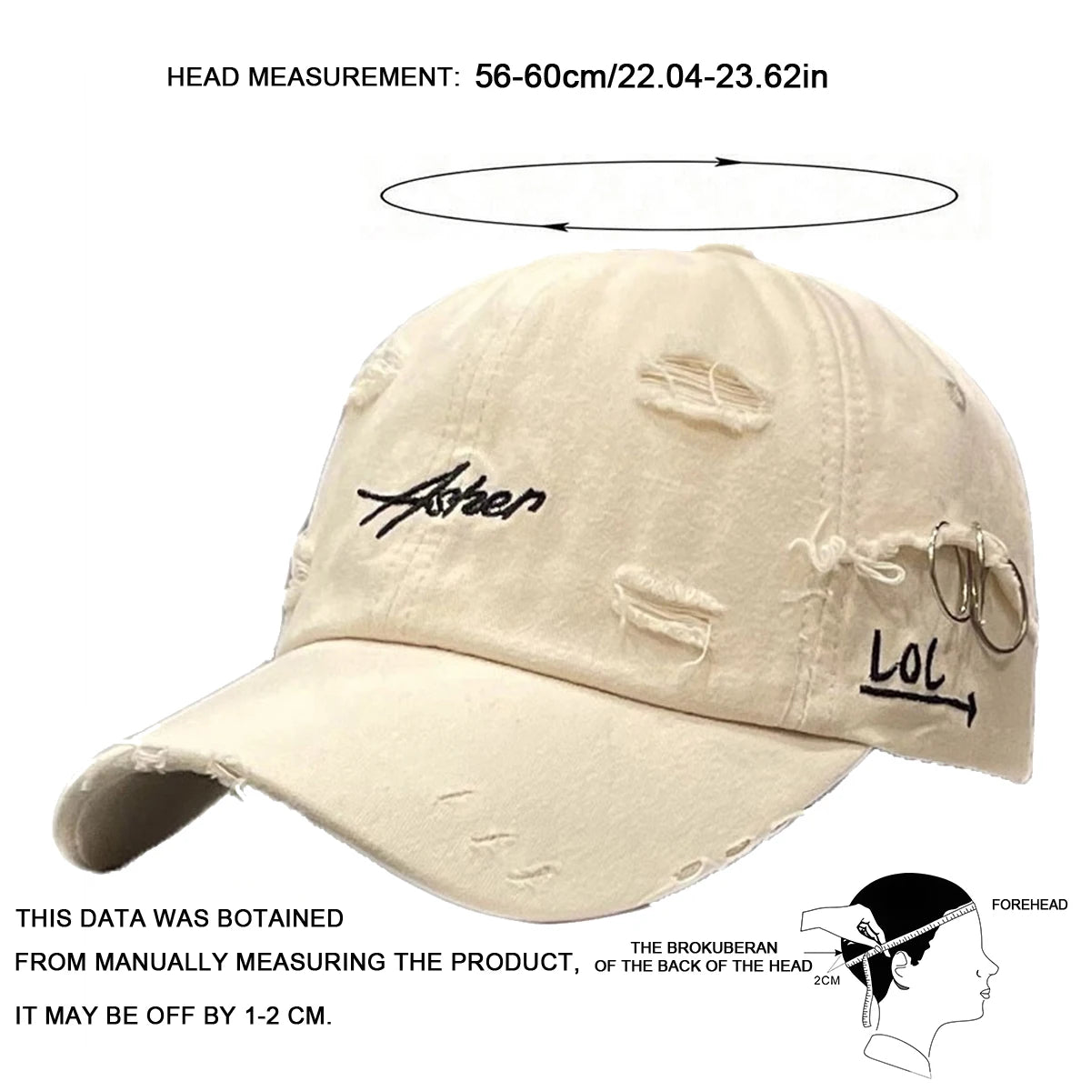 Unisex Asher Embroidery Hole Iron Ring Baseball Caps Spring Autumn Outdoor Adjustable Casual Hats