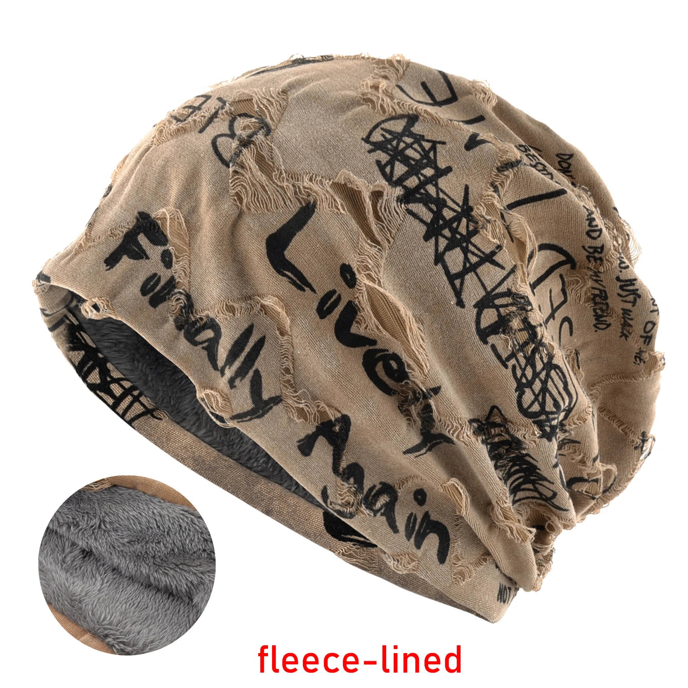 Letter Print Beanie Hat For Women Men Vintage Distressed Cracked Design Wasteland Style Warm Fleece-lined Skullis Beanie Winter
