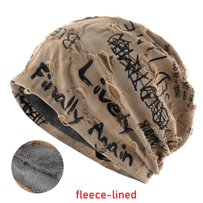 Letter Print Beanie Hat For Women Men Vintage Distressed Cracked Design Wasteland Style Warm Fleece-lined Skullis Beanie Winter