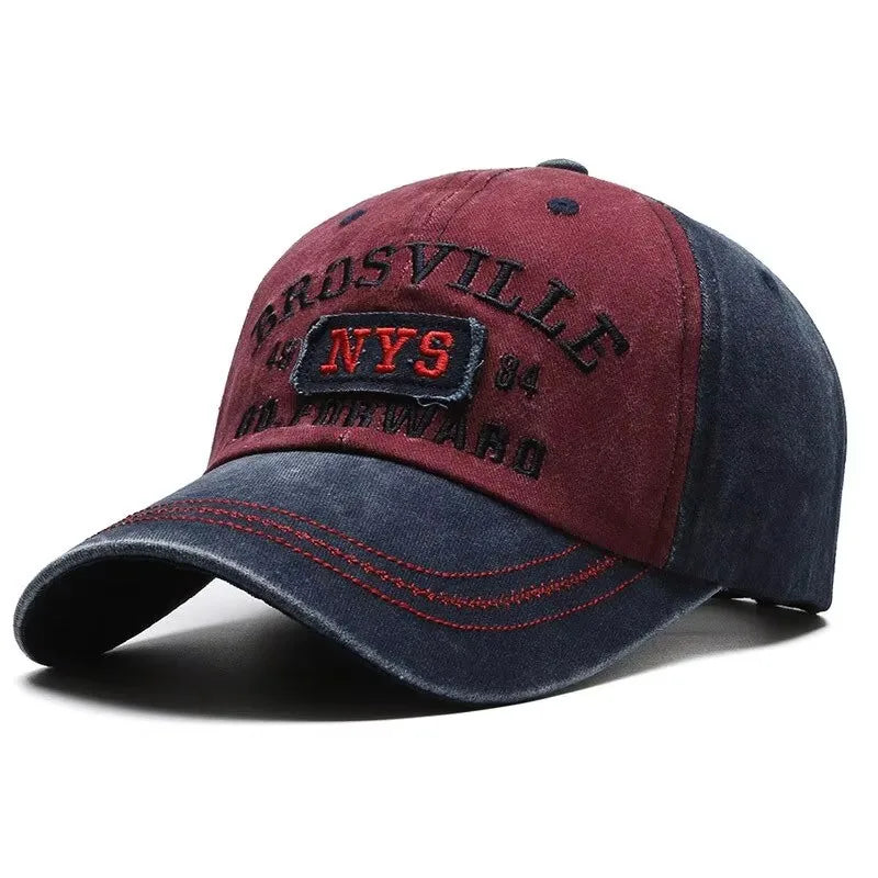 Four Seasons Men Baseball Cap Casual Distressed Washed Cotton Letter Embroidered Bent Brim Dome Sun