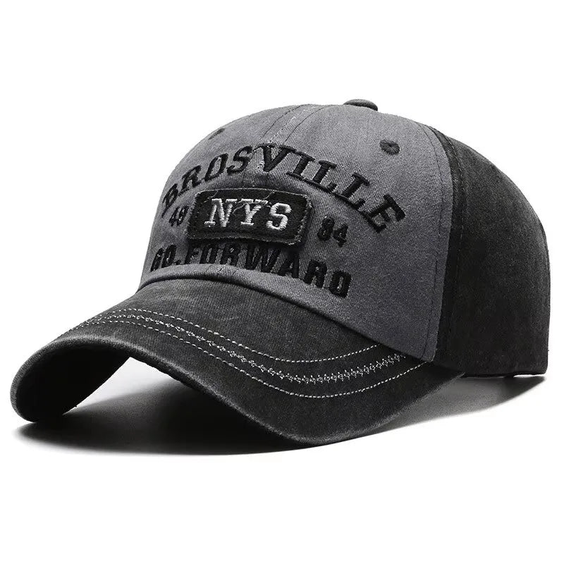 Four Seasons Men Baseball Cap Casual Distressed Washed Cotton Letter Embroidered Bent Brim Dome Sun