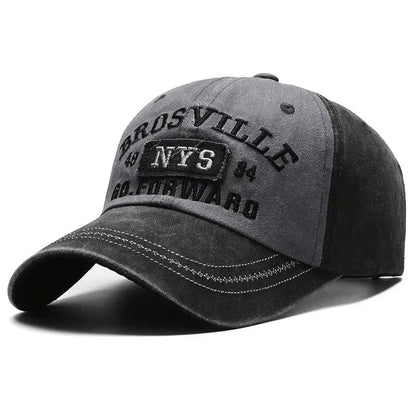 Four Seasons Men Baseball Cap Casual Distressed Washed Cotton Letter Embroidered Bent Brim Dome Sun