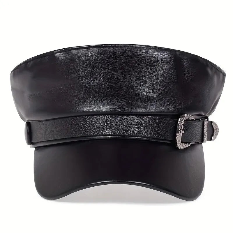 Women Large Belt Buckle Leather Hat Spring Autumn Sailor Hats Black Ladies Beret Caps Men Flat Top