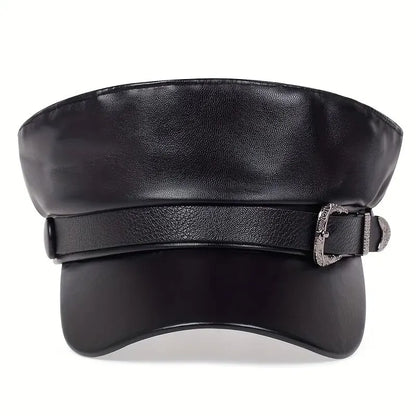 Women Large Belt Buckle Leather Hat Spring Autumn Sailor Hats Black Ladies Beret Caps Men Flat Top