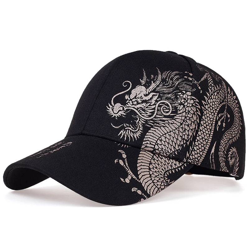 Unisex Baseball Cap Black Adjustable Chinese Style Dragon Print Casual Snapback Hats Bone Hip Hop