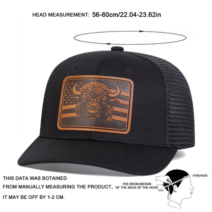Unisex Brown Flag Bull Head Leather Label Baseball Net Caps Spring Summer Outdoor Adjustable Casual