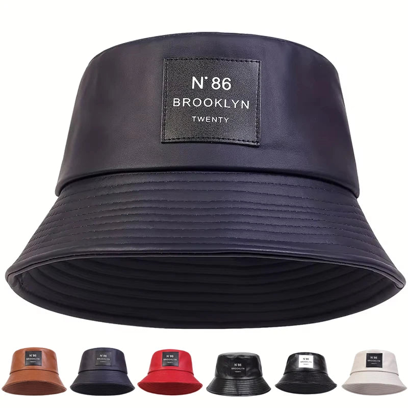 Unisex Brooklyn Panama Bucket Hat Pu Leather Fisherman Outdoor Travel Sunscreen Hats Men Women