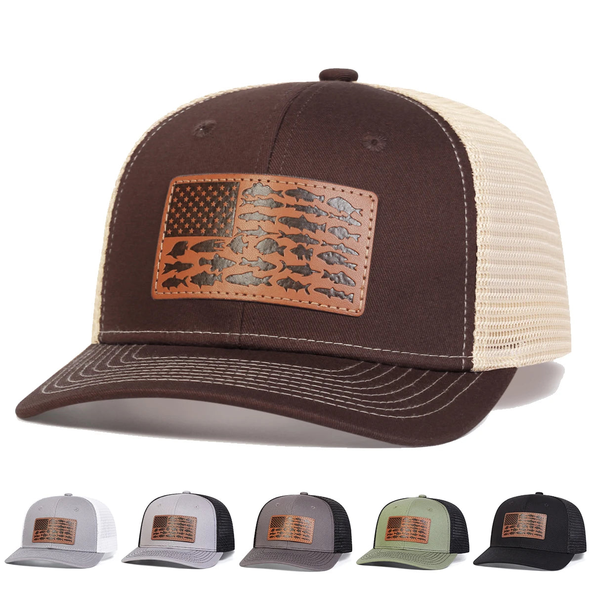 Unisex Brown Little Fish Flag Leather Label Baseball Net Caps Spring Summer Outdoor Adjustable