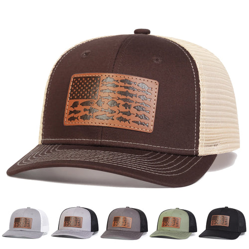 Unisex Brown Little Fish Flag Leather Label Baseball Net Caps Spring Summer Outdoor Adjustable