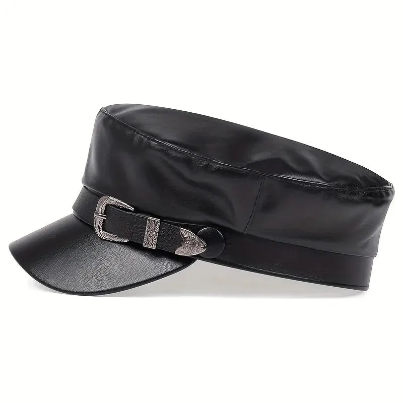 Women Large Belt Buckle Leather Hat Spring Autumn Sailor Hats Black Ladies Beret Caps Men Flat Top