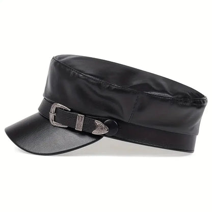 Women Large Belt Buckle Leather Hat Spring Autumn Sailor Hats Black Ladies Beret Caps Men Flat Top