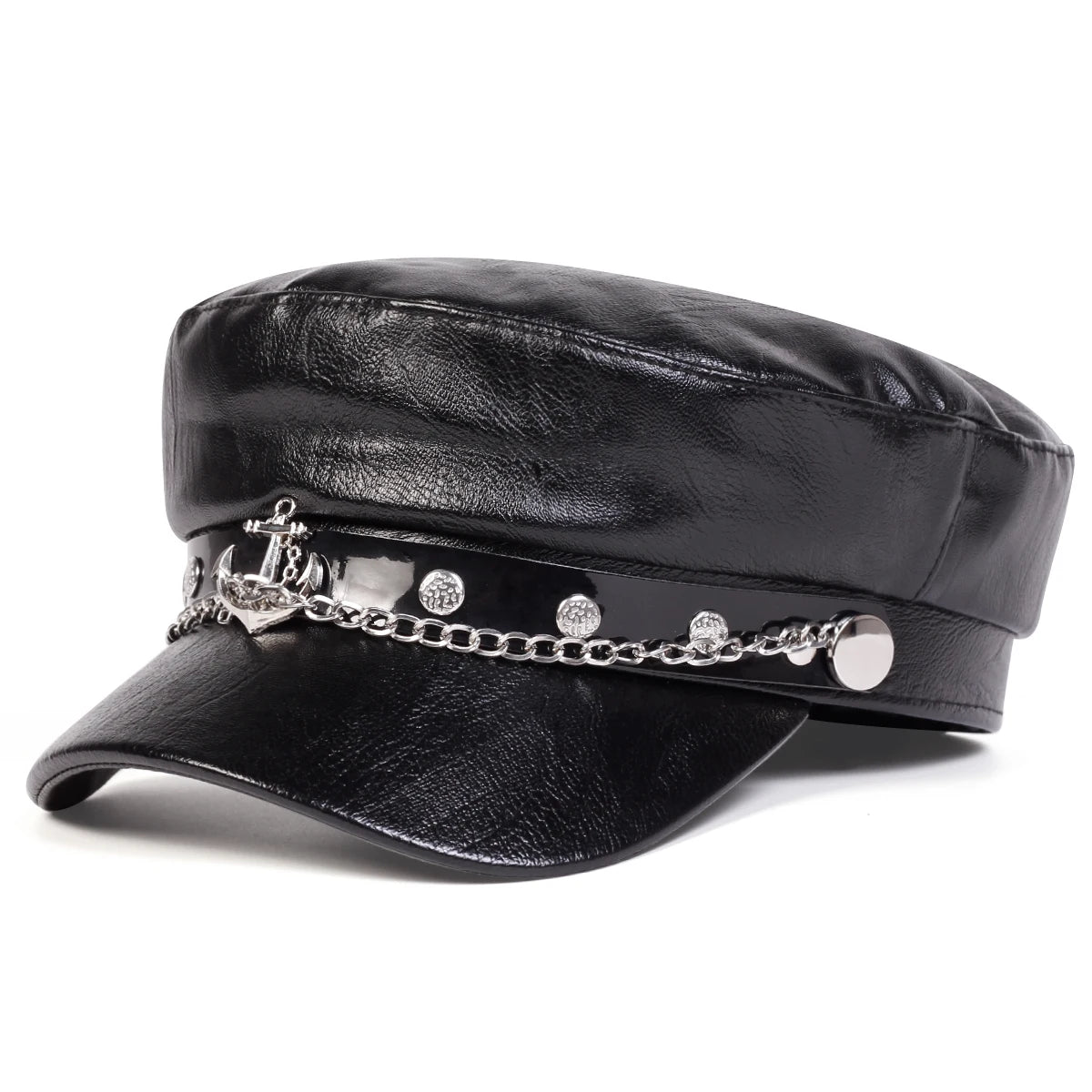 Women Large Belt Buckle Leather Hat Spring Autumn Sailor Hats Black Ladies Beret Caps Men Flat Top