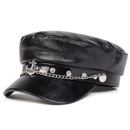 Women Large Belt Buckle Leather Hat Spring Autumn Sailor Hats Black Ladies Beret Caps Men Flat Top